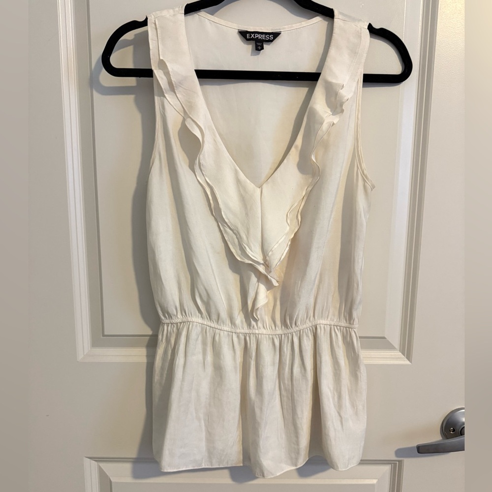 Express Cream Sleeveless Satin Ruffled Peplum Blouse